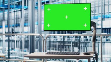 Yeşil ekran monitörü, Endüstri 4.0 akıllı fabrika ekipmanı için analitik gösterge panelini gösteriyor. Endüstriyel fabrika modelleme görüntüleme robotik silah performansı ve sensör verilerinden ölçümler