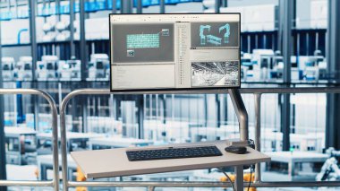 Gerçek zamanlı sistem performans ölçümleri gösteren akıllı fotovoltaik fabrikasındaki monitör. Sektör 4.0 güneş panellerinde görünüm IoT sensörleri aracılığıyla enerji üretimini ve verimliliğini takip ediyor