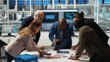 Fabrika mühendisleri güneş paneli montaj hatlarının ayrıntılı şemalarını inceleyerek, tablet kullanarak üretim planlarını rafine ediyorlar. Endüstriyel fabrika uzmanları yeni prototipler için yapılandırmalar hazırlıyorlar, kamera A