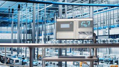 IoT sensör verilerini analiz ederek Endüstri 4.0 izleme sistemini çalıştıran otomatik fotovoltaik fabrikasında monitör. Akıllı güneş paneli üretim verimliliği için öngörü kullanımı tamamlandı