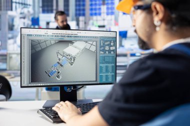 Güneş paneli fabrikasındaki endüstriyel otomasyon mühendisi PC yazılım arayüzü aracılığıyla robotik makine ayarlarını ayarlıyor. Fotovoltaik fabrikası işçisinin kapanış ekipman performans sorunları