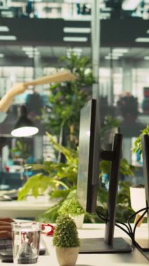 İş yerinde iş arkadaşlarıyla konuşan dikey video muhasebecisi bilgisayar üzerinden finansal rakamlar giriyor. Modern ofiste çalışan çalışanlar verileri ve kameraları karşılaştırırken iş arkadaşlarıyla sohbet ediyorlar.