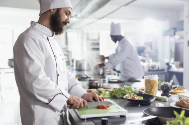 Paslanmaz çelik bir mutfakta dolmalık biber doğrayan özel bir restoran şefi gurme yemeği için lezzetli malzemeler hazırlıyor. Taze sebze ve çatal bıçaklarla dolu bir çalışma odasında erkek aşçı..