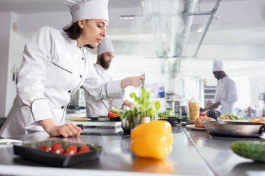 Adanmış şef mutfak tezgahında bir gurme yemeğinin lezzetlerini test ediyor, çeşnisini mükemmel lezzete göre ayarlıyor. Güzel yemek sunumu için taze malzemelere odaklanan bir kadın..