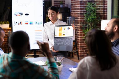 Asyalı finans danışmanı, dizüstü bilgisayarında finansal verileri sunan bir iş yeri tartışmasını güvenle yürütüyor. Modern ofis ortamı, dijital ekran ve bağlı takım dinamik iş ortamını yansıtıyor.