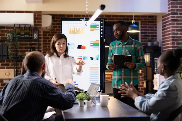 Erkek ve kadın iş adamları LED monitörünün önünde durmuş tuğla duvar çalışma alanındaki finansal verileri ve proje planlarını sunuyorlar. Çeşitli girişimciler ekrandaki pazarlama eğilimlerini gözden geçiriyorlar.