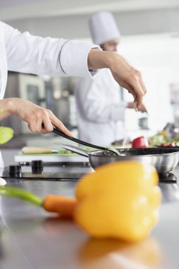 Kadın şef fırının tepesindeki tabağın üzerine taze biberiye serpiyor, yemek tabaklarına ve aromaya odaklanıyor. Taze malzemeler hazırlamak, aşçılık alanında şifalı bitkiler temin etmek. Kapat..