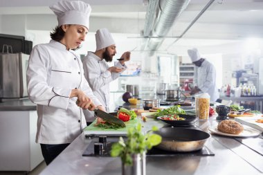 Odaklanmış kadın aşçı fırında yemek, biberiye ya da fesleğen doğramak için küçük aromalı otlar kesiyor. Yeşillik ve baharatları lezzetli yemekler için kullanan bir kadın..