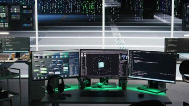 Veri merkezinde altyapı sağlığını izleyen düğüm ağacı arayüzlerini gösteren monitörler. İş istasyonlarındaki görsel programlama sistemleri sunucu odası ekipmanlarındaki arızaları tanımlamaya yardımcı oluyor.