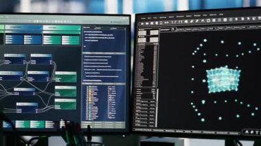 Veri merkezi bilgisayar sistemleri AI görselleştirme panelleri ve altyapı bağlantılarını haritalayan düğüm ağacı programlama yazılımı ile ağ kaynaklarını kontrol ediyor, görüntüyü kapat