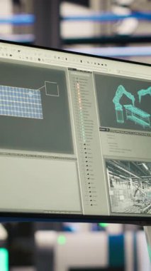 Dikey video robot yazılımı işlevsel bütünlük için makineleri denetlemek için kullanılan akıllı fabrikada ekranda. Gelişmiş sensörlerle donatılmış 4.0 endüstriyel sanayi santralini izleyin.