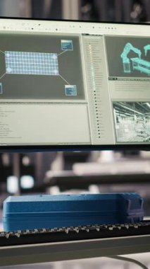 Sektör 4.0 güneş panelinde dikey video görüntüsü IoT sensörleri aracılığıyla enerji üretimini ve verimliliğini takip ediyor. Sistem performans ölçümlerini gösteren akıllı fotovoltaik fabrikasındaki monitör