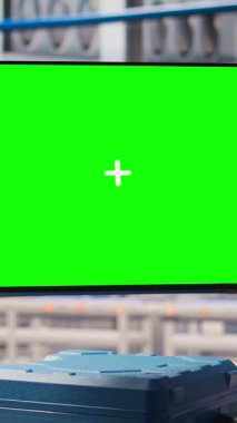 Operasyonel bütünlük için makineleri denetlemek için kullanılan akıllı fabrikada görüntülenen dikey video robot yazılımı. Sektör 4.0 endüstriyel santralinde sensörlerle donatılmış izole ekran monitörü.