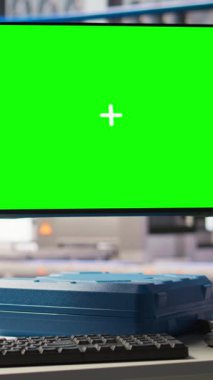 Operasyonları optimize etmek için performans verilerini analiz etmekte kullanılan fotovoltaik fabrikasındaki izole ekranın dikey görüntüsü. Sektör 4.0 güneş panelleri içinde krom anahtar görüntüleme önleyici tesis