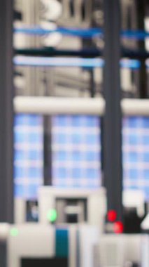 Endüstriyel fabrikadaki dikey video teknisyeni ekipman hatalarını teşhis etmek için tablet uygulaması kullanıyor. Montaj hatları ve kamera üzerindeki tamir görevlerini koordine etmek için dijital aygıt kullanan fabrika uzmanı