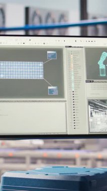 Akıllı fotovoltaik fabrikasında işlemleri optimize etmek için performans verilerini analiz eden dikey video monitörü. Endüstri 4.0 güneş panellerinde, ekipman için önleyici bakım yapan tesis görüntüsü