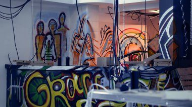 Endüstriyel enkazda terk edilmiş yapılara girmeye cesaret eden şehir kaşifleri tarafından bırakılan boş sprey boya kutuları. Gerilla sanatçıları tarafından yağmalanmış yerlere graffiti ve kırık döküntüler yapıldı.