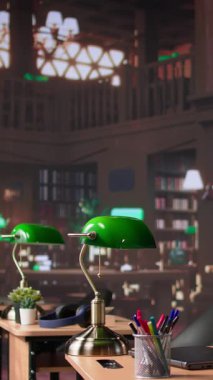 Dikey Video Boş Kampüs Kütüphanesi öğrencilerin okul ödevleri ya da sınav hazırlıkları, birincil kaynak materyalleri üzerinde çalışabilmeleri için belirlenmiş bir alan. Akademik kitap koleksiyonu. Kamera B.