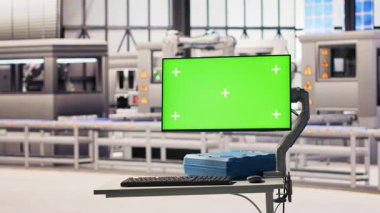 İşletim bütünlüğü için makineleri denetlemek için kullanılan akıllı fabrikada robot yazılımı. Sektör 4.0 'da izole ekran monitörü sensörlerle donatılmış endüstriyel fabrika, uzaklaşma görüntüsü