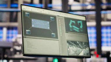 Operasyonları optimize etmek için performans verilerini analiz eden akıllı fotovoltaik fabrikasında monitör. Endüstri 4.0 güneş panellerinde IoT sensörleri aracılığıyla ekipman için önleyici bakım yapan bitkiler görüntülenir