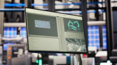 Çalışan bütünlük için makineleri denetlemek için kullanılan akıllı fabrikadaki robotsal yazılım ekranda. Endüstri 4.0 endüstriyel sanayi tesisinde gelişmiş sensörlerle donatılmış izleme cihazı.