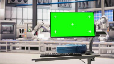 Sektör 4.0 'daki yeşil ekran ekranını kapatın. Güneş panelleri, IoT sensörleri aracılığıyla enerji üretimini takip ediyor. Fotovoltaik fabrikasında sistem performans ölçümlerini gösteren krom anahtar monitörü