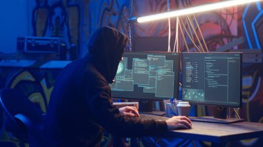 Kapüşonlu hacker gizli yeraltı sığınağına geliyor, DDoS saldırısını web sitelerine başlatmaya hazırlanıyor. Siber suçlular şirket sunucularını çökertebilen senaryolar üzerinde çalışmaya başlıyorlar, kamera B
