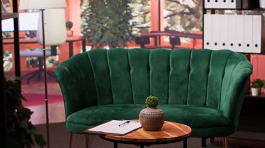 Müşteriler için rahat bir ortam yaratmak için birçok objeyle tasarlanmış boş ve lüks bir danışma dolabı. Üst düzey dekorasyonlar ve rehabilitasyon ile terapi seansları için kullanılan psikoloji ofisi..