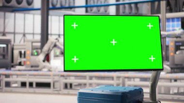 İşletim bütünlüğü için makineleri denetlemek için kullanılan akıllı fabrikada robot yazılımı. Sektör 4.0 'da izole ekran monitörü sensörlerle donatılmış endüstriyel fabrika, uzaklaşma görüntüsü