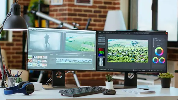 Oturma odasındaki video üretimi için yaratıcı çalışma masası, en son teknoloji ve kurgu yazılımıyla donatılmıştır..