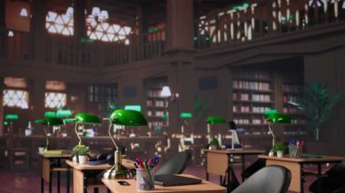 Boş kampüs kütüphanesi öğrencilerin okul ödevleri ya da sınav hazırlıkları, birincil kaynak materyalleri üzerinde çalışabilmeleri için belirlenmiş bir yer. Akademik kitap koleksiyonu. Kamera B.