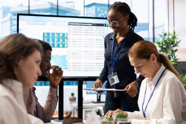 İş analisti, uluslararası girişimin başarısını güvence altına almak için proje güncellemeleri ve hedefleriyle etkileşimli bir kurul sunumu yapıyor. Kaynakların pazar ihtiyaçlarına göre tahsis edilmesi üzerinde çalışır.