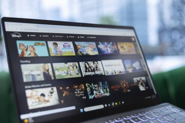 Bükreş, Romanya - 30 Temmuz 2024 - Bir adamın kişisel ofisinde izlemek ve dinlenmek için kullandığı Disney Plus web sayfası yayın platformunu gösteren dizüstü bilgisayar. Genç CEO koltuğu izliyor..
