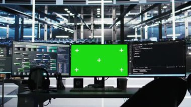 Veri merkezi yeşil ekran kroma anahtar bilgisayar sistemleri AI görselleştirme ve altyapı bağlantılarını haritalayan düğüm ağacı programlama yazılımı ile ağ kaynaklarını kontrol ediyor