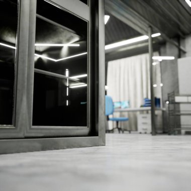 Beton döşeme, metal dolap ve steril ortamda parlak ışıkları olan modern klinik laboratuvarı. Bulanık arka plandaki çalışma istasyonu PC masasında ve masaüstü monitörlerinde 3D görüntüleme