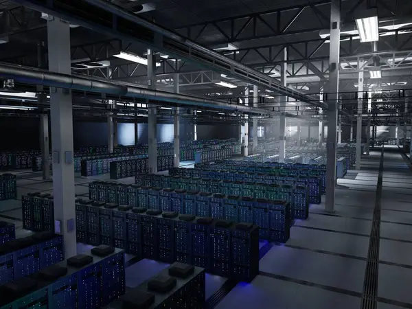 Veri merkezindeki sunucu dolapları büyük ölçekli yapay zeka verileri, iş akışları ve model testlerini sürdürüyor. Sunucu çiftliğindeki süper bilgisayarlar sürekli öğrenme ve çıkarım yapıyor, 3 boyutlu animasyon.