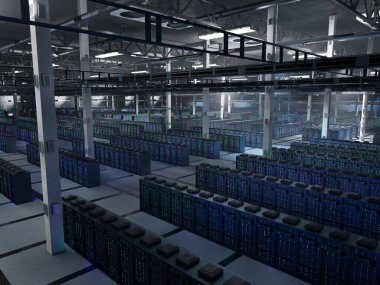 Az aydınlatılmış veri merkezi süperbilgisayarlar öngörücü analitik platformlar ve büyük veri sistemleri çalıştırıyor. Analiz için hassas verileri depolayan sunucu çiftlik ana bilgisayarları, 3D görüntüleme