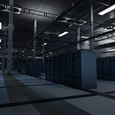 Yapay zekaya güç veren yüksek teknoloji sunucu altyapısı, algoritma eğitimi ve veri çıkarma görevleri. Nöral ağları ve analitik çalışma yüklerini destekleyen süper bilgisayarlar, 3B oluşturma