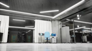 PC monitörlü, modern LED ışıklandırmalı ve gösterişli endüstriyel mimarili gelecekteki laboratuvar çalışma masası, 3D görüntüleme. Steril tıp laboratuarı teşhis analizi için tasarlandı.