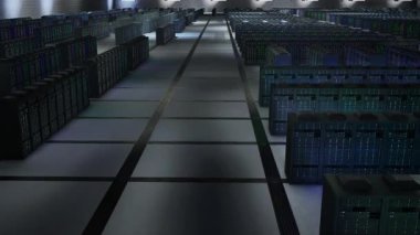 Veri merkezindeki sunucu rafları yapay zeka uygulamaları ve havadan çekim için hayati önem taşıyan veri tabanlarını koruyor. Simülasyonlar ve yapay zeka için gerekli ölçeklenebilir hesaplama gücünü sağlayan sunucu odasındaki ana bilgisayarlar