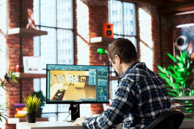 İç mimar mobilya, döşeme, döşeme ve tasarım seçenekleriyle dolu 3D modelleme uygulaması dijital kütüphanesinden mal varlığı kullanıyor. Mimari tasarımcı tasarım elementleri katalogundan seçim yapıyor