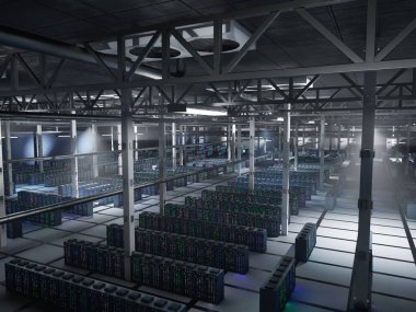 Düşük ışık veri merkezindeki sunucu dolapları yapay zeka geliştirme ve analizlerinde kullanılan eğitim setlerini depoluyor. Rackmount altyapısı ölçeklenebilir bilgisayar dağıtımı, 3B görüntüleme