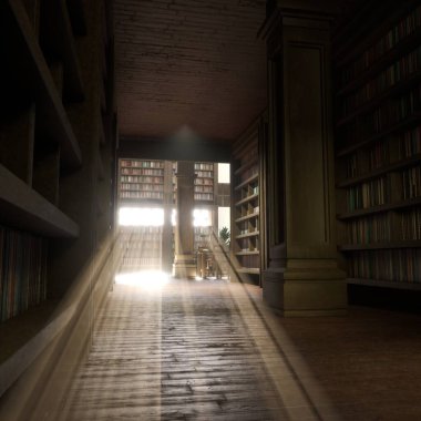 Yüksek raflarla dolu dar üniversite kütüphanesi koridoru, ahşap döşeme ve pencerelerden süzülen parlak güneş ışığı. Boş masası olan karanlık okuma köşesi çalışmak için sakin bir alan yaratıyor