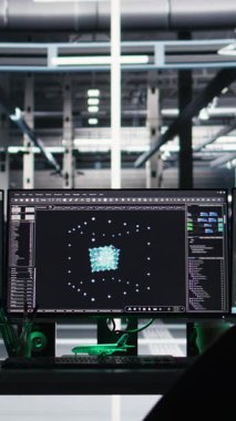 Veri merkezi izleme sistemi bütünlüğü ve altyapı performansında dikey video programlama sistemleri. Sunucu merkezindeki bilgisayar ekranları Düğüm ağacı programlama cihazları algılama sorunları
