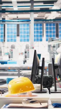 Robot kollarının performansını idare etmek için kullanılan fotovoltaik fabrikasındaki dikey video monitörleri güneş panellerini montaj hatlarına yerleştiriyor. Güneş pili makinelerinin geliştirilmesi için kullanılan boş tesisteki bilgisayar ekranı.