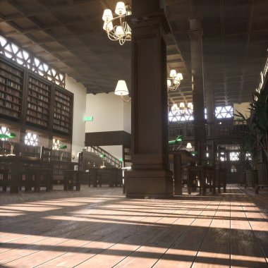 İki katlı okul kütüphanesinde ahşap masalar ve büyük pencerelerden gelen yumuşak doğal ışıkla aydınlatılmış sandalyeler. Sakin bir çalışma odasında yeşil masa lambaları, kitaplıklar ve asılı avizeler olan sessiz bir okuma odası.