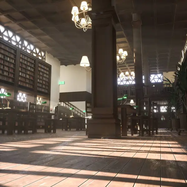 İki katlı okul kütüphanesinde ahşap masalar ve büyük pencerelerden gelen yumuşak doğal ışıkla aydınlatılmış sandalyeler. Sakin bir çalışma odasında yeşil masa lambaları, kitaplıklar ve asılı avizeler olan sessiz bir okuma odası.