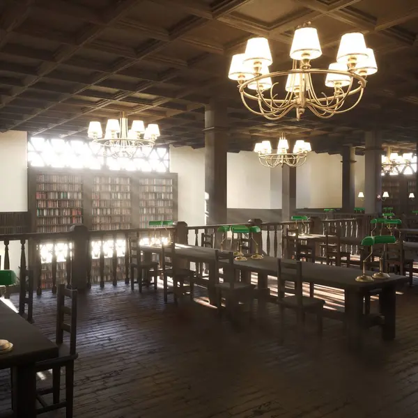 Ahşap mobilyalarla dolu boş iki katlı üniversite çalışma alanı. Sınıfın kütüphanesinde avizeler, masalar ve pencerelerden süzülen yumuşak doğal ışıkla aydınlatılmış klasik yeşil lambalar.