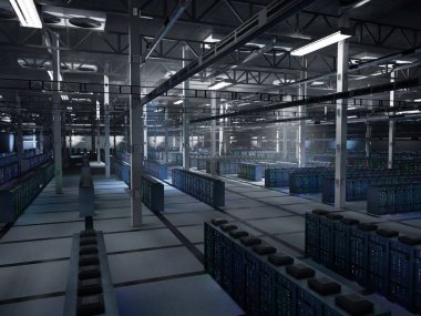 Sunucu odası sinirsel ağ verilerini, model çıktılarını ve makine öğrenme süreçlerini işletme ölçeğinde işliyor. Yüksek yoğunluklu donanım çalışan yapay zeka iş akışları, 3B oluşturma