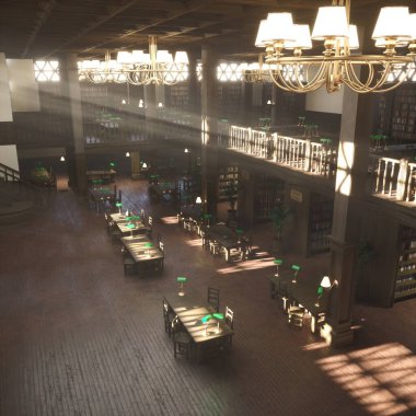 Geniş, ahşap kitap rafları, avizeleri ve yeşil lambalarla aydınlatılmış sıra sıra masaları olan bir kütüphane. Ilık çalışma odasının içi yumuşak doğal ışıkla dolu. Okumak için sakin bir alan yaratıyor.